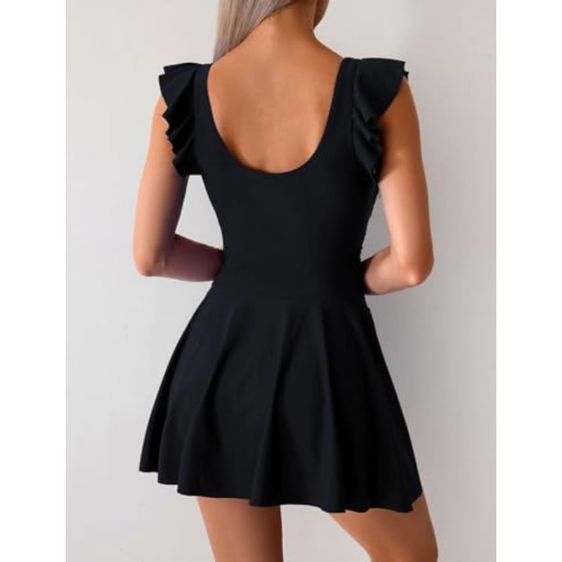 Modest tummy control swimdress for beach and pool use, made of nylon-spandex blend, navy blue, with built-in shapewear and UPF 50+ sun protection - Image 2