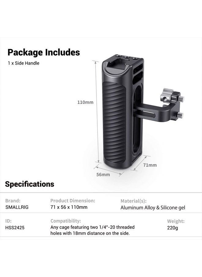 SMALLRIG - Universal Aluminum Side Handle Grip for DSLR Camera Cage with Cold Shoe Mount Built-in Wrench, 1/4 Threaded Holes - HSS2425 - Image 1