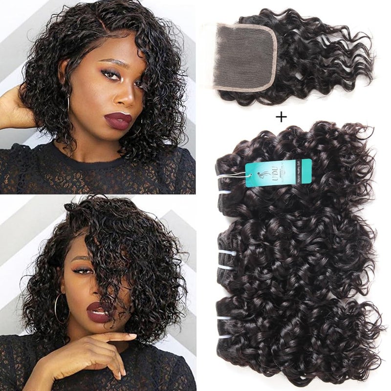 UDU Malaysian Water Wave Bundles with Closure 12A Bundles Human Hair Ocean Wave Wet & Wavy Human Hair Bundles with Lace Closure 100% Human Hair Extensions Remy Hair Bundles (8 8 8+8inch) - Image 1