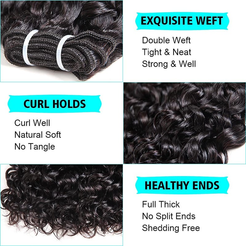 UDU Malaysian Water Wave Bundles with Closure 12A Bundles Human Hair Ocean Wave Wet & Wavy Human Hair Bundles with Lace Closure 100% Human Hair Extensions Remy Hair Bundles (8 8 8+8inch) - Image 2