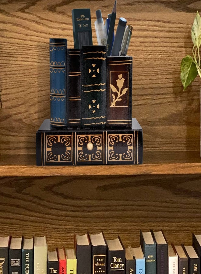 POWER UNICO FLOWER حامل أقلام على شكل كتاب عتيق من باور يونيكو فلاور، منظم أقلام مكتبي عتيق مع درج، كوب أقلام خشبي على شكل كتاب مزيف للمنزل والمكتب والدراسة والمكتبة (116) - Image 5