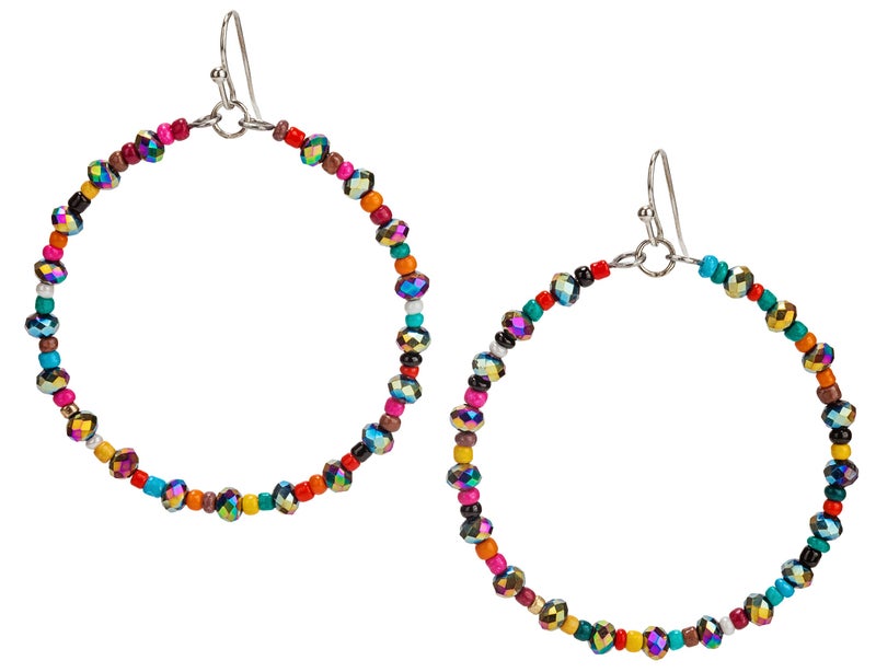 SPUNKYsoul Boho Faceted Beads Iridescent Multi-Colored Seed Bead Hoop Silver Drop Dangle Earrings for Women (FACETED IRIDESCENT) - Image 1