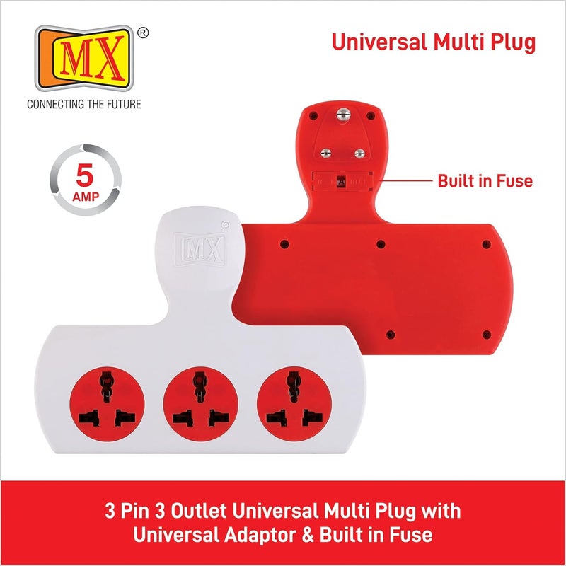 MX MX 3 Outlet Multi Plug Power Strip with Universal Sockets 5 Ampere Individual Switch Fuse Short Circuit Protection Cordless Extension Board Without Switch  - Image 2