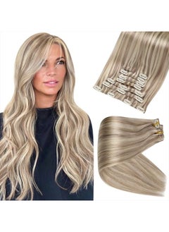 Full Shine Seamless Clip in Human Hair Extensions 8 Pcs Blonde Highlight PU Clip in Extensions Full Head for Thin Hair, Skin Weft Clip in Hair Extensions Remy Hair 120 Grams 18 Inch  - Image 1