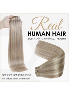 Full Shine Seamless Clip in Human Hair Extensions 8 Pcs Blonde Highlight PU Clip in Extensions Full Head for Thin Hair, Skin Weft Clip in Hair Extensions Remy Hair 120 Grams 18 Inch  - Image 2