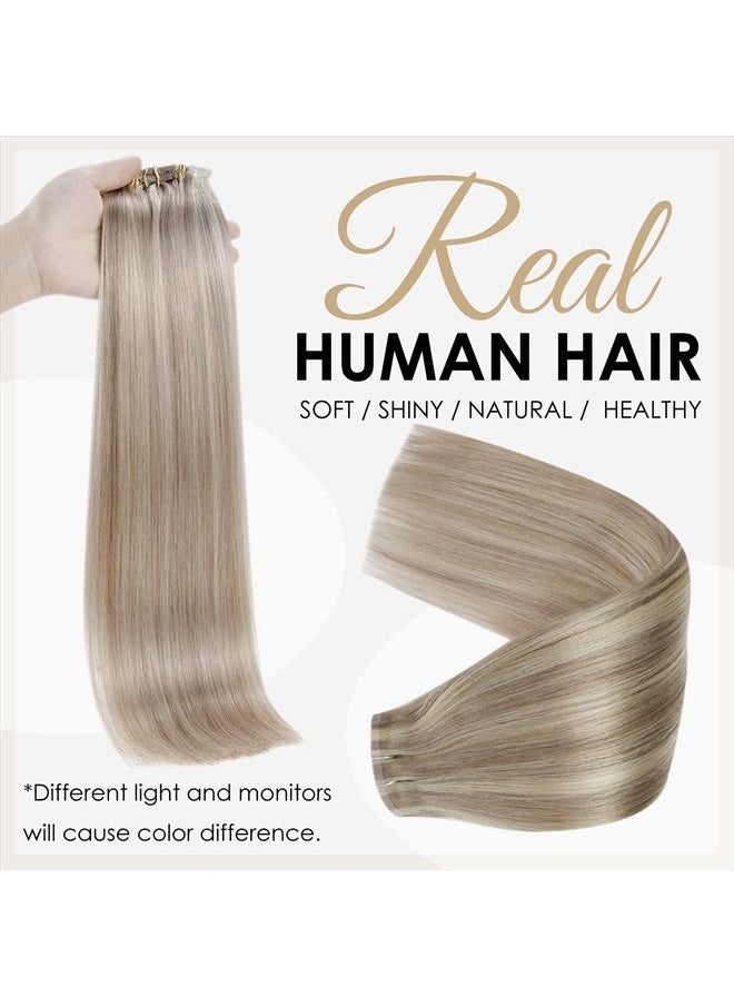 Full Shine Seamless Clip in Human Hair Extensions 8 Pcs Blonde Highlight PU Clip in Extensions Full Head for Thin Hair, Skin Weft Clip in Hair Extensions Remy Hair 120 Grams 18 Inch  - Image 2