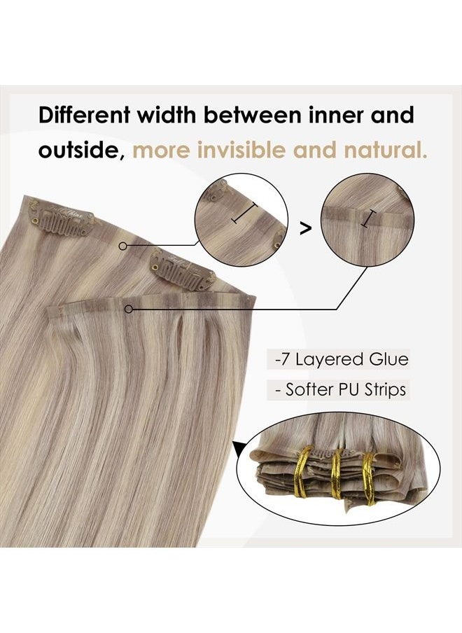Full Shine Seamless Clip in Human Hair Extensions 8 Pcs Blonde Highlight PU Clip in Extensions Full Head for Thin Hair, Skin Weft Clip in Hair Extensions Remy Hair 120 Grams 18 Inch  - Image 4
