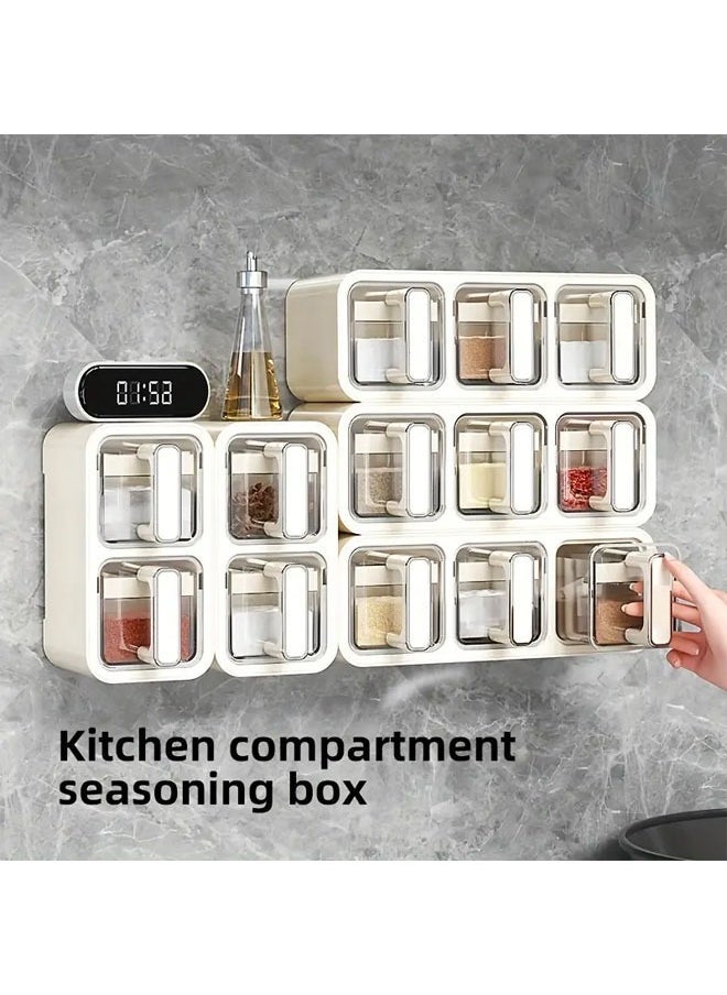 Hihonor - Horizontal and Vertical Dual-use Wall Mounted Sealed Seasoning Set, Seasoning Box with Handle and Spoon, Adhesive Wall Mount Spice Rack, Cruet Condiment Containers Storage Rack (White, Three Squares One) - Image 1