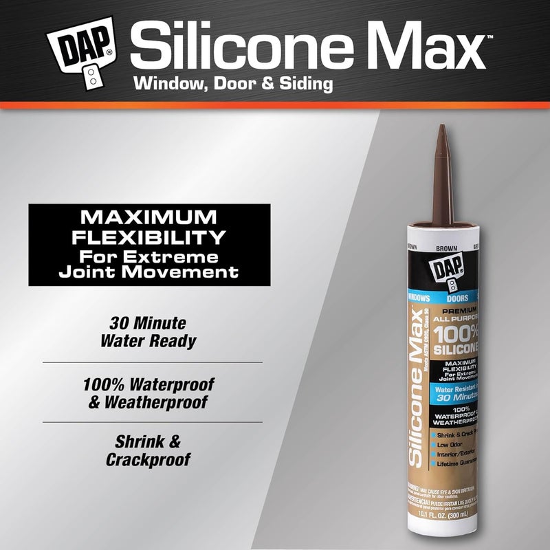 DAP Silicone Max 100% Waterproof Sealant, 10.1 fl oz, Brown - Image 2