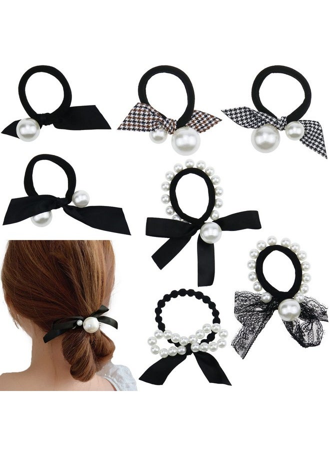 Aswewamt - 7 Pcs Pearl Black Elastic Hair Ties Ponytail Holders Pearl Rubber Band Hair Ropes Headbands Hair Accessories Scrunchie Ropes For Women Girls - Image 1