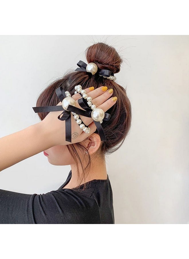 Aswewamt - 7 Pcs Pearl Black Elastic Hair Ties Ponytail Holders Pearl Rubber Band Hair Ropes Headbands Hair Accessories Scrunchie Ropes For Women Girls - Image 1