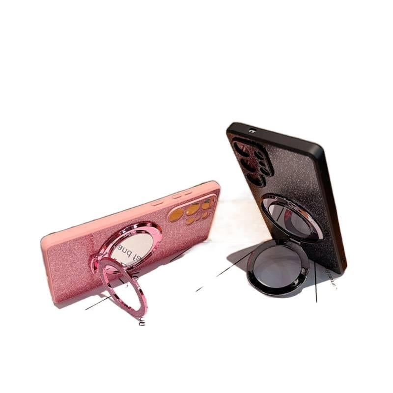غطاء MagSafe بملمس باللون أسود مغناطيسي بوظيفة حامل مع مرآة جلد لـ Samsung S25 Ultra / Samsung S25 مع بريق لامع وسطح مرآة مع مغناطيس قوي مع حامل قائم أثناء التنقل للطاولة - Image 2