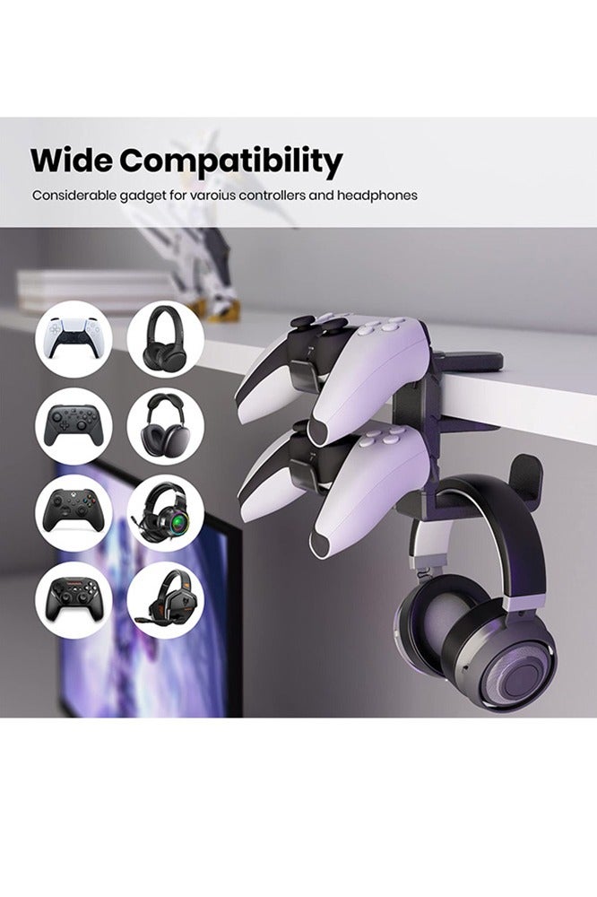 onepiece8 3-in-1 PC Gaming Headset&Controller Holder - Headphone Stand w/Adjustable Clamp&2 Controller Holder&Rotating Arm&Cable Organizer, Universal PC Gaming Accessory Controller Headset Stand-Black - Image 3