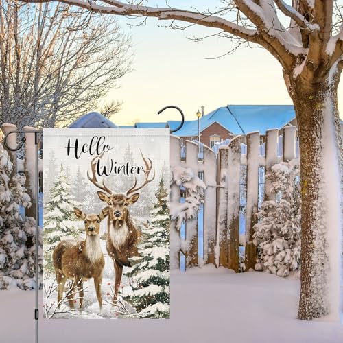 Heyfibro Hello Winter Deer Garden Flag 12x18 Inch Double Sided Burlap, Christmas Snowflake Snow Elk Yard Flags for Seasonal Xmas Outside Outdoor Decoration (ONLY FLAG) - Image 2