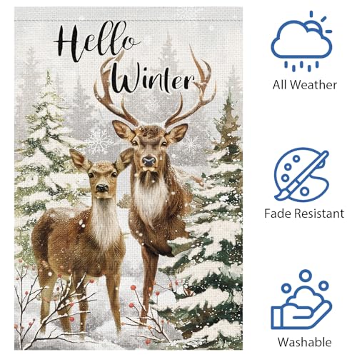 Heyfibro Hello Winter Deer Garden Flag 12x18 Inch Double Sided Burlap, Christmas Snowflake Snow Elk Yard Flags for Seasonal Xmas Outside Outdoor Decoration (ONLY FLAG) - Image 5