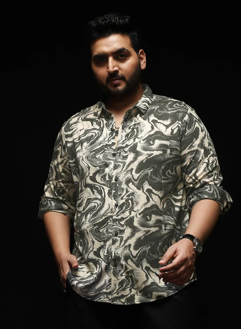 انستافاب بلس قميص رجالي مطبوع بنسيج رخامي رمادي