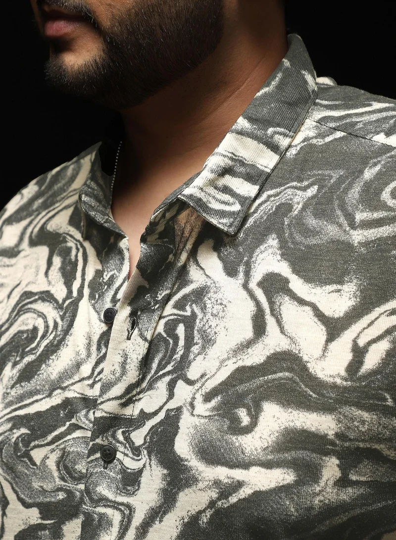 Instafab Plus  Instafab Plus Men's Cloud Grey Fluid-Marble Textured Shirt | Spread Collar , Long Cuffed Sleeves , Button Closure , Curved Hemline | Abstract-Print Textured Polyester Blend For Street & Casual Wear for Men | Best Price UAE