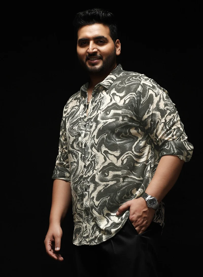 Instafab Plus  Instafab Plus Men's Cloud Grey Fluid-Marble Textured Shirt | Spread Collar , Long Cuffed Sleeves , Button Closure , Curved Hemline | Abstract-Print Textured Polyester Blend For Street & Casual Wear for Men | Best Price UAE