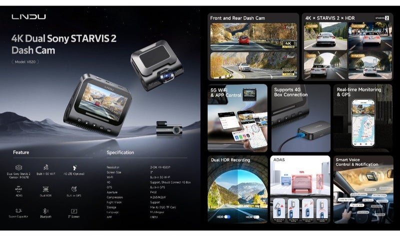 LINGDU V820 4K Dual Channel Dash Cam – SONY STARVIS 2 Sensors (IMX678 Front + IMX662 Rear), GPS, 5G Wi-Fi, ADAS, HDR, 60FPS, 3D DNR, Bluetooth. - Image 2