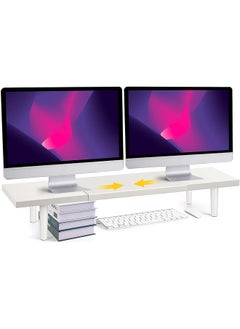 Dual Monitor Stand Riser For Desk Adjustable Length 32 40 Inch，Large Desktop Computer Monitor Riser For 2 Screens，Desk Shelf Organizer Riser Stand For Computer Laptop Pc Printer Tv White