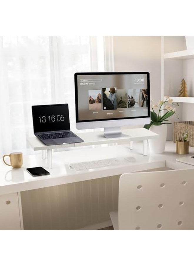 erorex - Dual Monitor Stand Riser For Desk Adjustable Length 32 40 Inch，Large Desktop Computer Monitor Riser For 2 Screens，Desk Shelf Organizer Riser Stand For Computer Laptop Pc Printer Tv White - Image 1