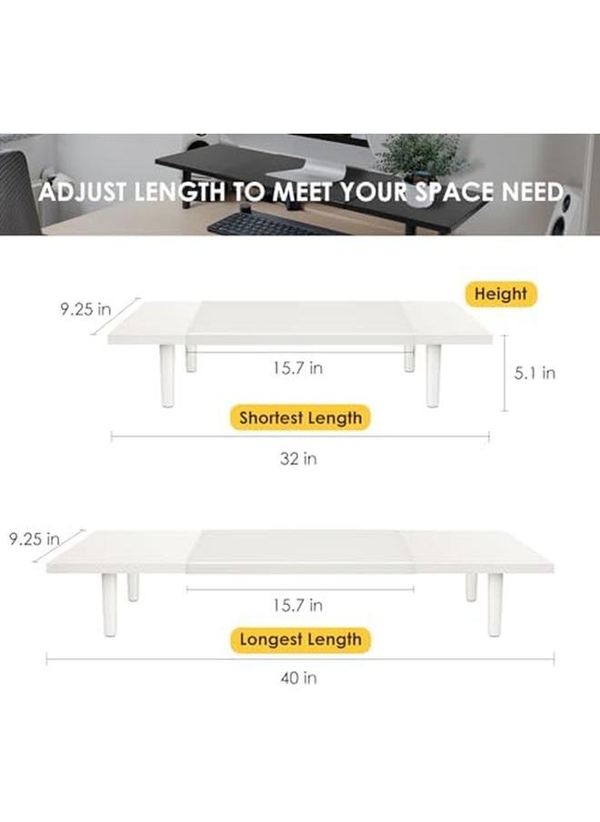 erorex - Dual Monitor Stand Riser For Desk Adjustable Length 32 40 Inch，Large Desktop Computer Monitor Riser For 2 Screens，Desk Shelf Organizer Riser Stand For Computer Laptop Pc Printer Tv White - Image 1