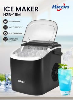 HICON Portable Automatic Ice Maker, lce Cube Shape Adjustable, Self- Cleaning Function, Easy to Operate, Smart Operation 6mins Ice Making 1.3 Liter With Low Noise, for Home Kitchen, Bars, Coffee Shops, Restaurant HZB-16M-Black  - Image 1