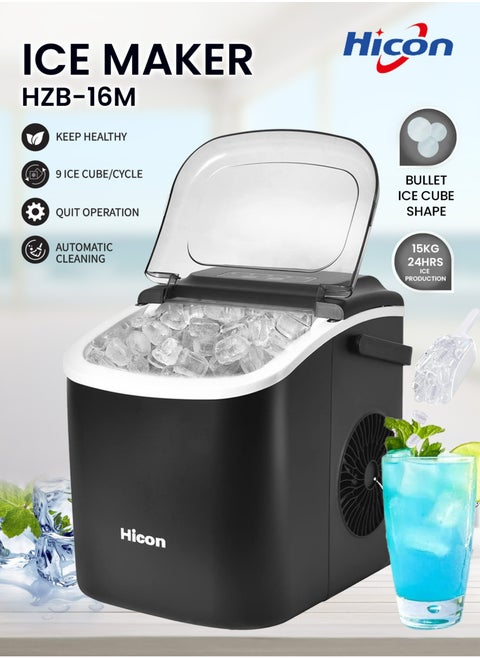 Automatic Ice Maker, 15kg 24hrs Ice Production, Round lce Cube Shape,1.3 Liter Capacity With 6-13mins Ice Making, LED Display 6.2kg 110W for Home Kitchen, Bars, Coffee Shops, Restaurant HZB-16M-Black