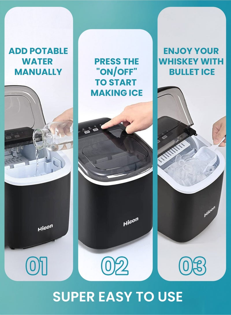 HICON Automatic Ice Maker, 15kg 24hrs Ice Production, Round lce Cube Shape,1.3 Liter Capacity With 6-13mins Ice Making, LED Display 6.2kg 110W for Home Kitchen, Bars, Coffee Shops, Restaurant HZB-16M-Black - Image 4
