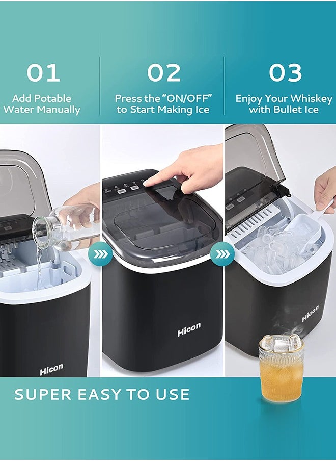 HICON - Automatic Ice Maker, 15kg 24hrs Ice Production, Round lce Cube Shape,1.3 Liter Capacity With 6-13mins Ice Making, LED Display 6.2kg 110W for Home Kitchen, Bars, Coffee Shops, Restaurant HZB-16M-Black - Image 1