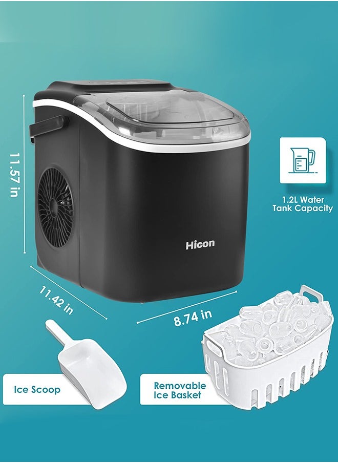HICON - Automatic Ice Maker, 15kg 24hrs Ice Production, Round lce Cube Shape,1.3 Liter Capacity With 6-13mins Ice Making, LED Display 6.2kg 110W for Home Kitchen, Bars, Coffee Shops, Restaurant HZB-16M-Black - Image 1