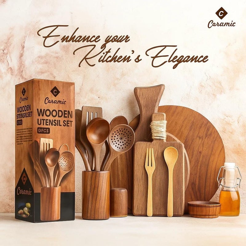 CERAMIC Wooden Spoons For Cooking 6 Piece Organic Bamboo Utensil Set With Holder Wood Kitchen Utensils Spatula Spoon For High Heat Stirring In Nonstick Pots & Pans Quality (Dark Brown) - Image 2