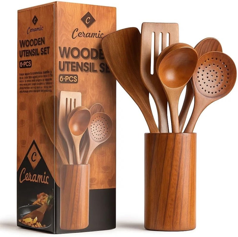 CERAMIC Wooden Spoons For Cooking 6 Piece Organic Bamboo Utensil Set With Holder Wood Kitchen Utensils Spatula Spoon For High Heat Stirring In Nonstick Pots & Pans Quality (Dark Brown) - Image 1