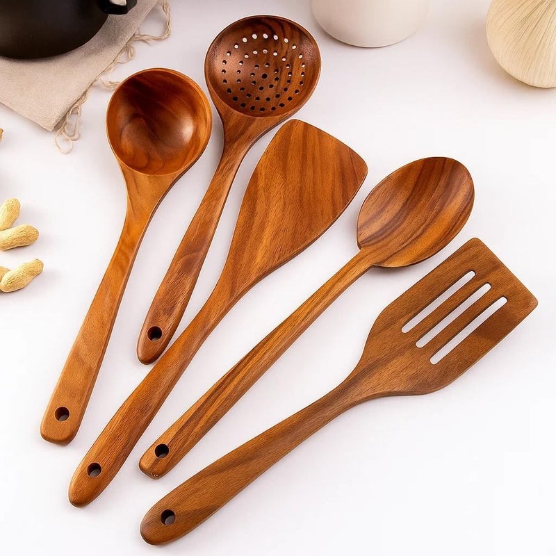 CERAMIC Wooden Spoons For Cooking 6 Piece Organic Bamboo Utensil Set With Holder Wood Kitchen Utensils Spatula Spoon For High Heat Stirring In Nonstick Pots & Pans Quality (Dark Brown) - Image 3