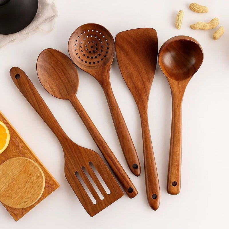 CERAMIC Wooden Spoons For Cooking 6 Piece Organic Bamboo Utensil Set With Holder Wood Kitchen Utensils Spatula Spoon For High Heat Stirring In Nonstick Pots & Pans Quality (Dark Brown) - Image 4