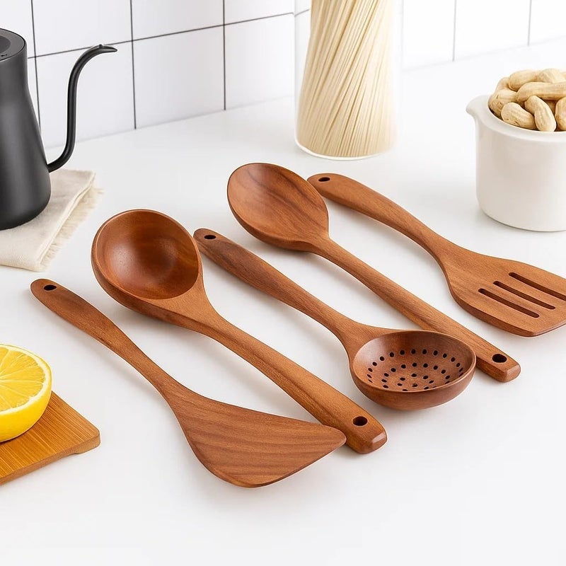 CERAMIC Wooden Spoons For Cooking 6 Piece Organic Bamboo Utensil Set With Holder Wood Kitchen Utensils Spatula Spoon For High Heat Stirring In Nonstick Pots & Pans Quality (Dark Brown) - Image 5