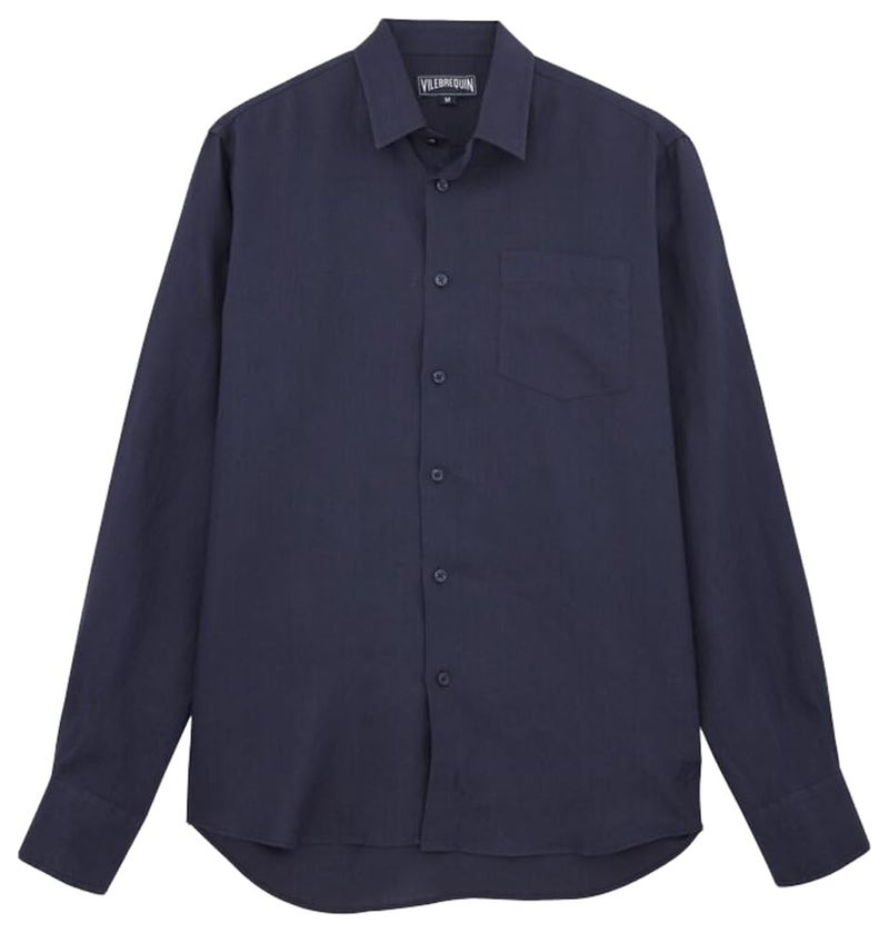 Vilebrequin Men Linen Shirt Solid Navy, L - Image 5