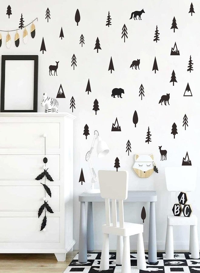 THEYGE Woodland Animal Wall Stickers Small Pine Tree Wall Decals Vinyl Black Mountain Tree Animals Wall Stickers Removable Jungle Deer Bear Fox Forest Animal Decals Woodland Nursery Kids Room Decor - Image 1