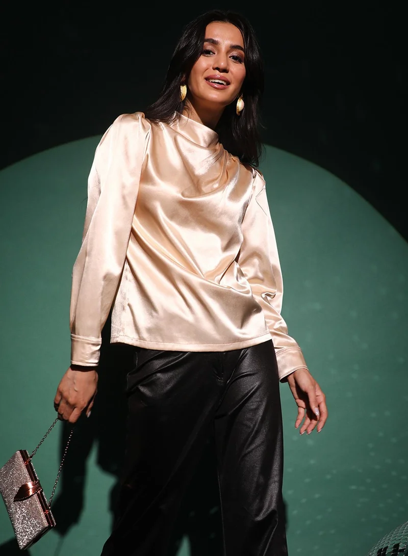 Women's Beige Solid Draped Top