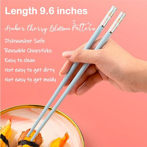 HELERKOL 5 Pairs Fiberglass Chopsticks - Amber Cherry Blossom Pattern, Multicolor - Japanese & Korean Chopsticks - Reusable, Dishwasher Safe - Yellow, Pink, Blue, Green, Purple - Image 5