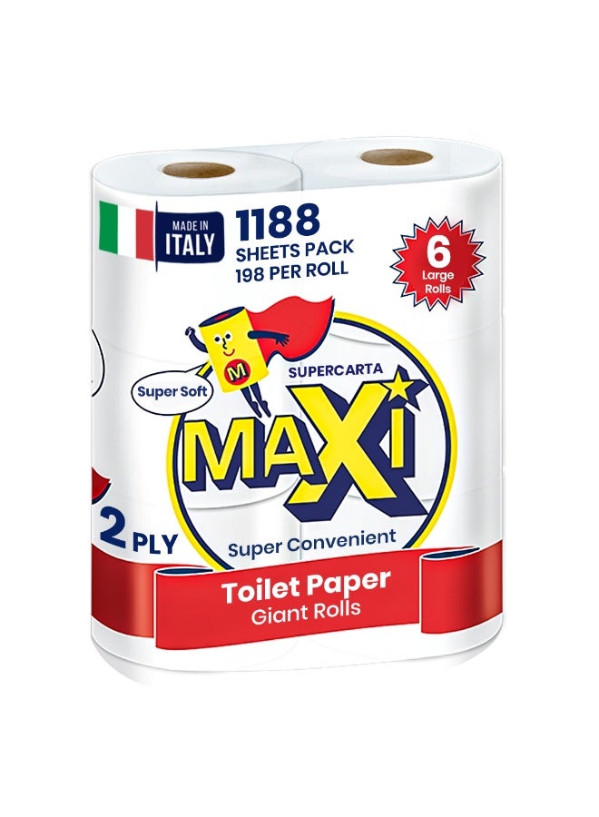 Maxi Supercarta Toilet Paper Tissue Roll 2 Ply 1188 Sheets Pack of 6 Rolls - 198 High Absorbent Sheets per Roll Premium Softness, Strong Thick Paper, Smooth Texture, Special Cloud Embossing - Image 1