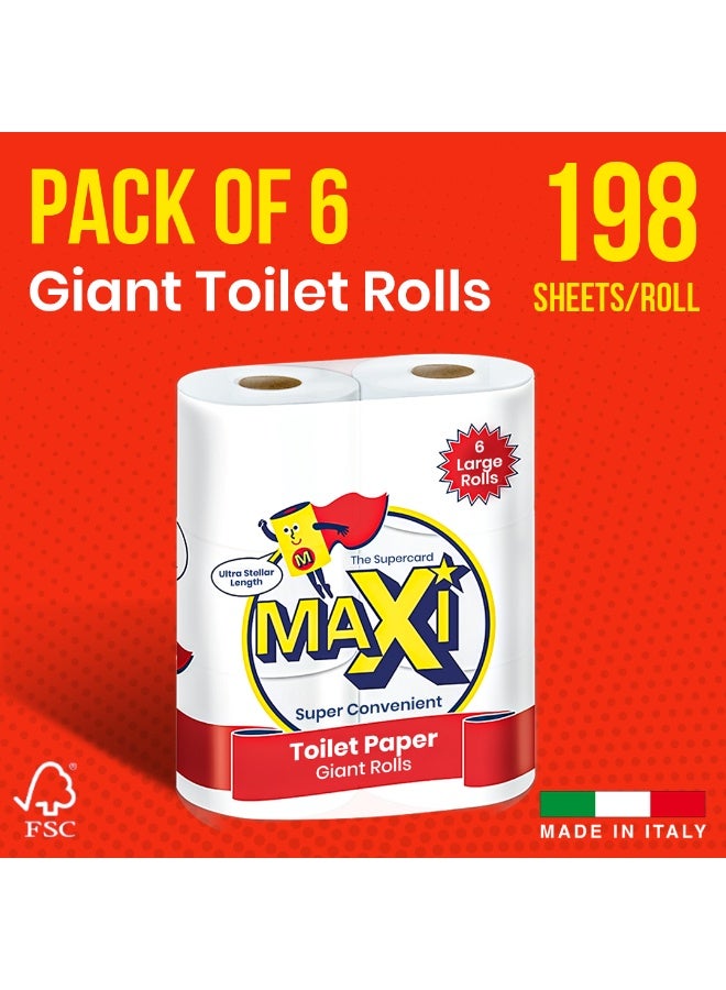 Maxi Supercarta Toilet Paper Tissue Roll 2 Ply 1188 Sheets Pack of 6 Rolls - 198 High Absorbent Sheets per Roll Premium Softness, Strong Thick Paper, Smooth Texture, Special Cloud Embossing - Image 2