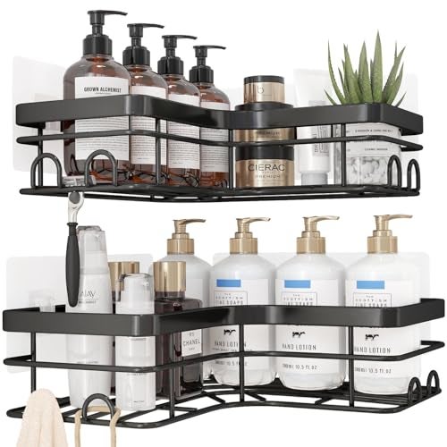 Sakugi Corner Shower Caddy - 2 Pack, Adhesive Shower Organizers, Rustproof Stainless Steel Shower Shelves with 8 Hooks, No Drilling Bathroom Organizers and Storage Racks, Space-Saving, Black, X-Large - Image 3