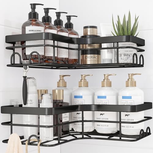 Sakugi Corner Shower Caddy - 2 Pack, Adhesive Shower Organizers, Rustproof Stainless Steel Shower Shelves with 8 Hooks, No Drilling Bathroom Organizers and Storage Racks, Space-Saving, Black, X-Large - Image 1