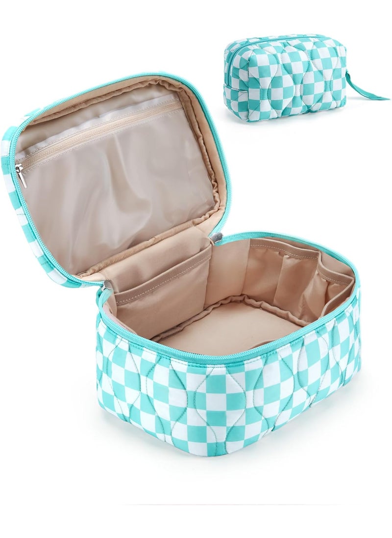 BAGSMART BAGSMART Travel Makeup Bag, 2-Piece Puffy Quilted Cute Make Up Bag Cosmetic Bags for Women, Large Wide-Open Toiletry Pouch Gifts for Toiletries Accessories Travelling Essentials, Checkered Blue 
