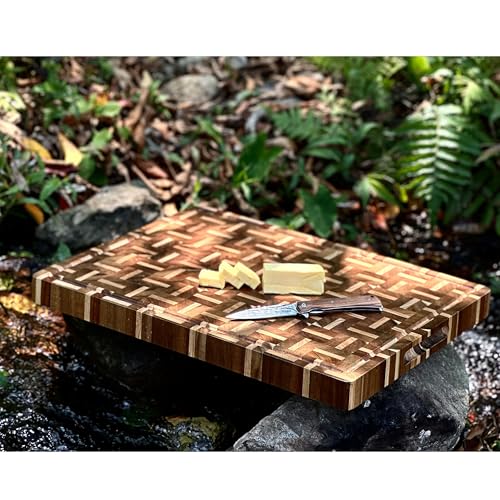 YOUSUNLONG End Grain Cutting Board - 20"L x 16"W x 1.5"Th - Butcher Block Built-In Juice Grooves & Handle - Chopping Board Made of Acacia Wood Mixed With Oak - Barbecue Tray,Cooktop Board - Image 3