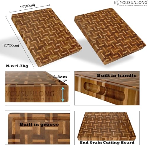 YOUSUNLONG End Grain Cutting Board - 20"L x 16"W x 1.5"Th - Butcher Block Built-In Juice Grooves & Handle - Chopping Board Made of Acacia Wood Mixed With Oak - Barbecue Tray,Cooktop Board - Image 2