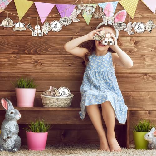 Anglechic 36 Pcs Vintage Easter Tree Decorations Religious Easter Ornaments for Tree He is Risen Cross Wooden Hanging Ornaments Eggs Bunny Wreath for Small Craft Home Party Decor - Image 4