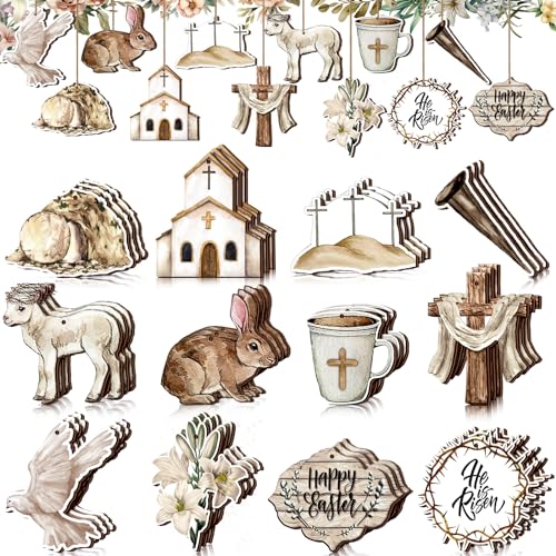 Anglechic 36 Pcs Vintage Easter Tree Decorations Religious Easter Ornaments for Tree He is Risen Cross Wooden Hanging Ornaments Eggs Bunny Wreath for Small Craft Home Party Decor - Image 1