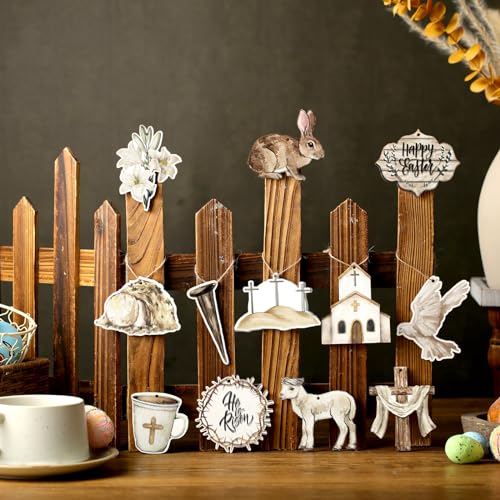 Anglechic 36 Pcs Vintage Easter Tree Decorations Religious Easter Ornaments for Tree He is Risen Cross Wooden Hanging Ornaments Eggs Bunny Wreath for Small Craft Home Party Decor - Image 2